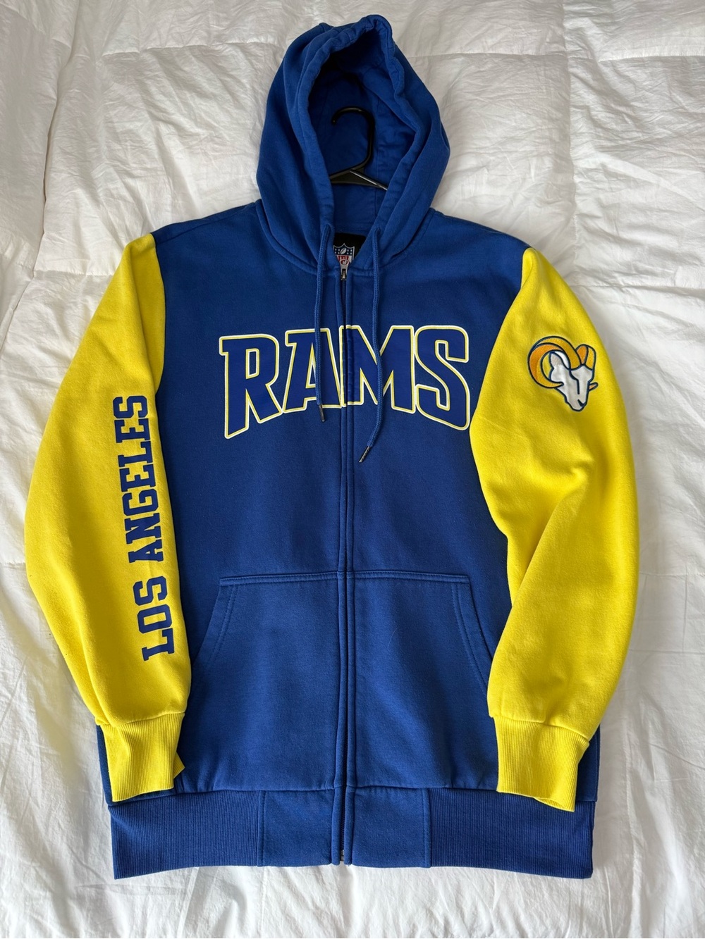 NFL Los Angeles Rams Full Zip Hoodie Hooded Sweatshirt Blue Yellow Men’s L EUC